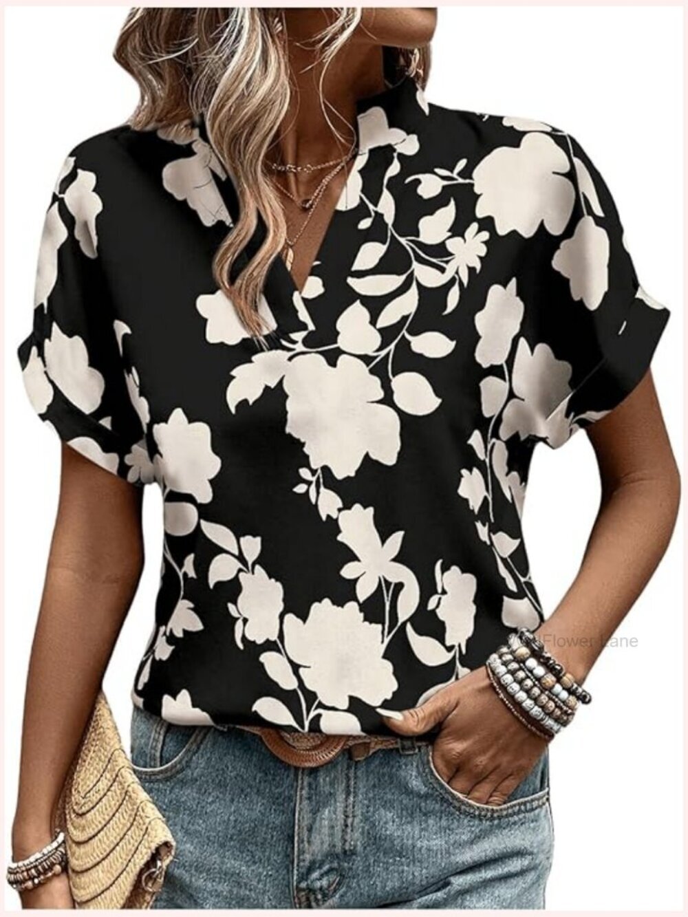 Floral V-Neck Short Sleeve Blouse Top Casual Summer